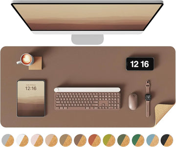 Double-Sided Desk Pad 31.5"x15.7" Leather & Eco Cork, Waterproof Desk Blotter for Office/Home, Large Mouse Pad