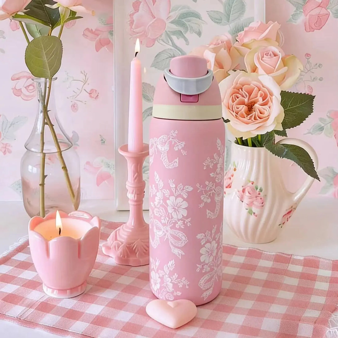 Owalaa pink lace butterfly 32oz/945ml stainless steel insulated water bottle with straw,for daily sports outdoor,perfect gift