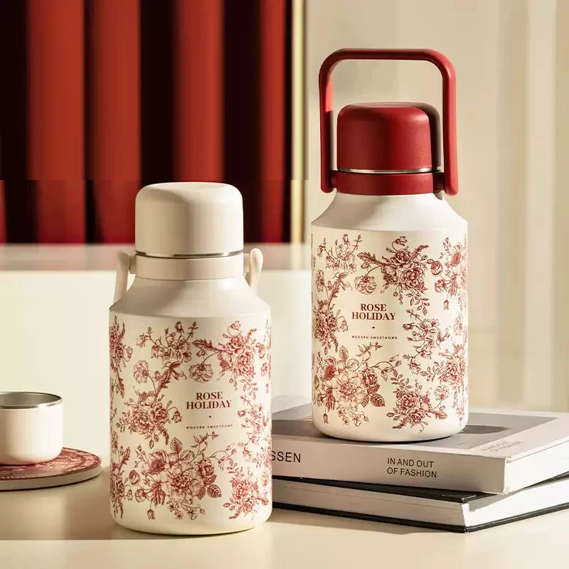 Originality Thermos Cup Girls Cup Red White Thermos Kettle Large Capacity Cup Rose Water Bottle Vacuum Insulated Bottle 1L/1.6L